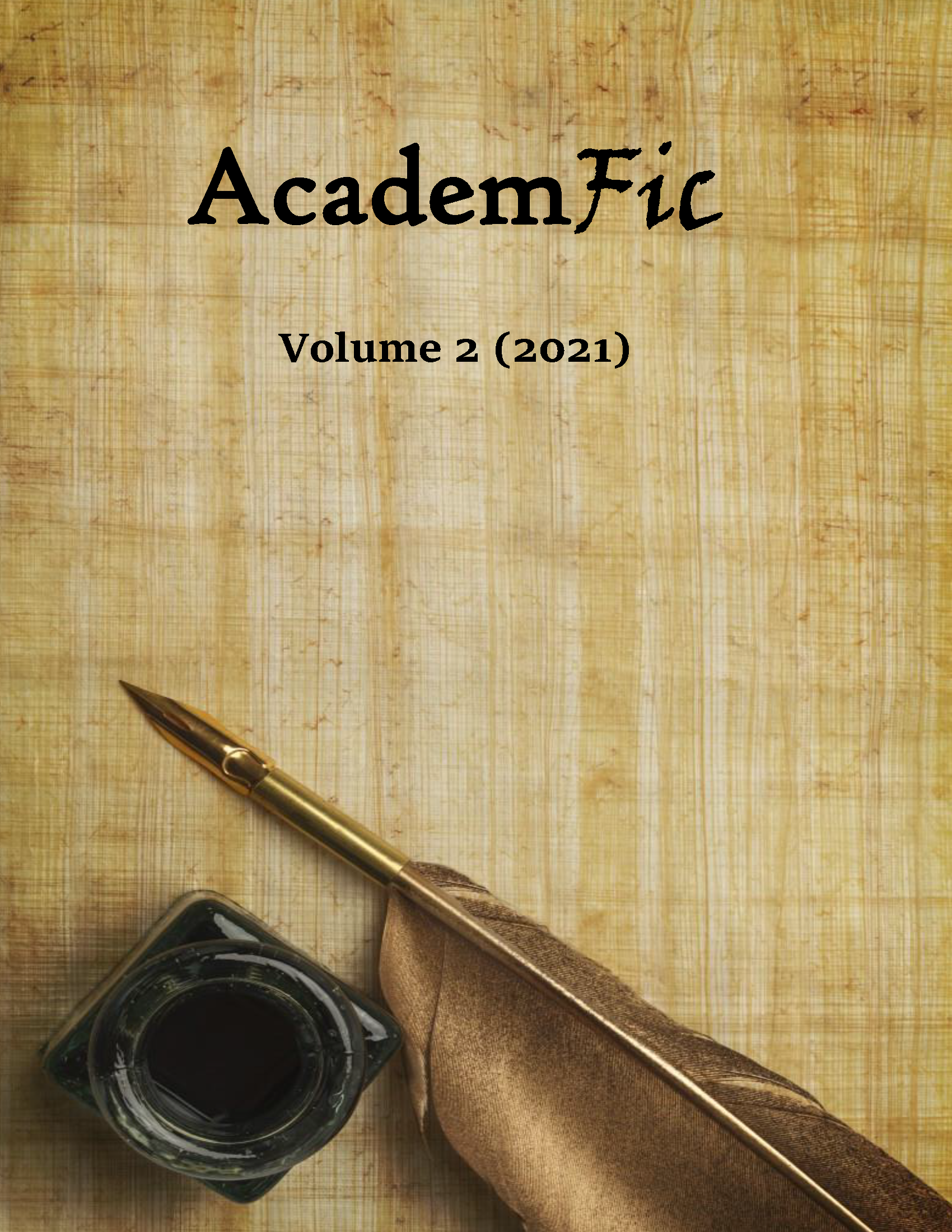 Cover image for AcademicFic Volume 2. Quill and ink bottle in the bottom, left corner.