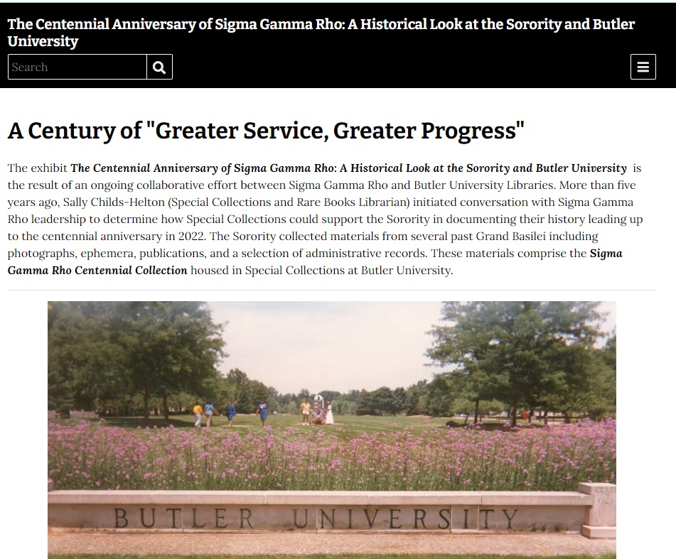 The Centennial Anniversary of Sigma Gamma Rho exhibit screenshot showing text and a Butler University sign with students walking in the background