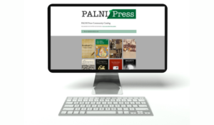 Graphic design of a desktop computer open to the PALNI Press catalog webpage